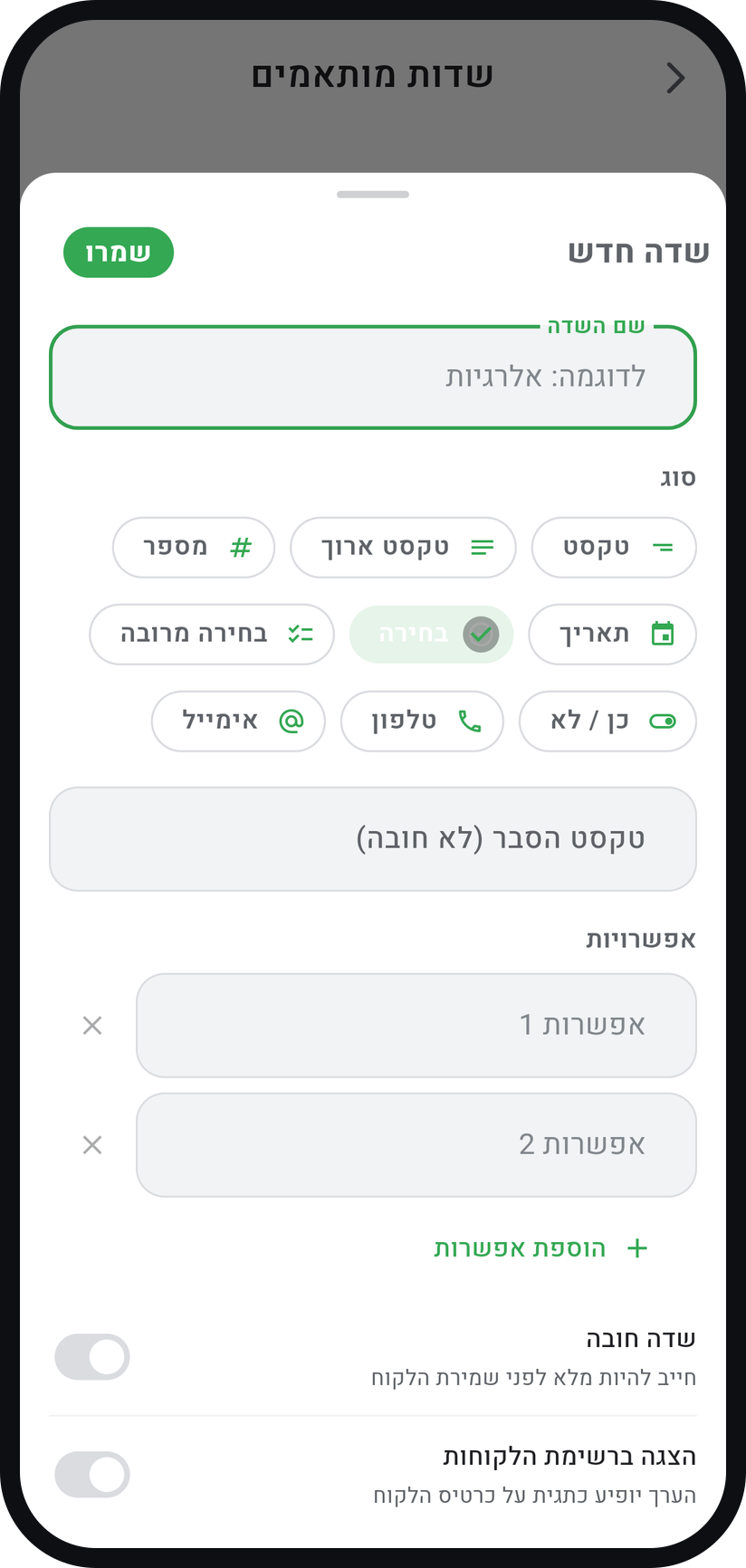 איך מוסיפים שדה משלכם לכרטיס הלקוח - בחרו סוג