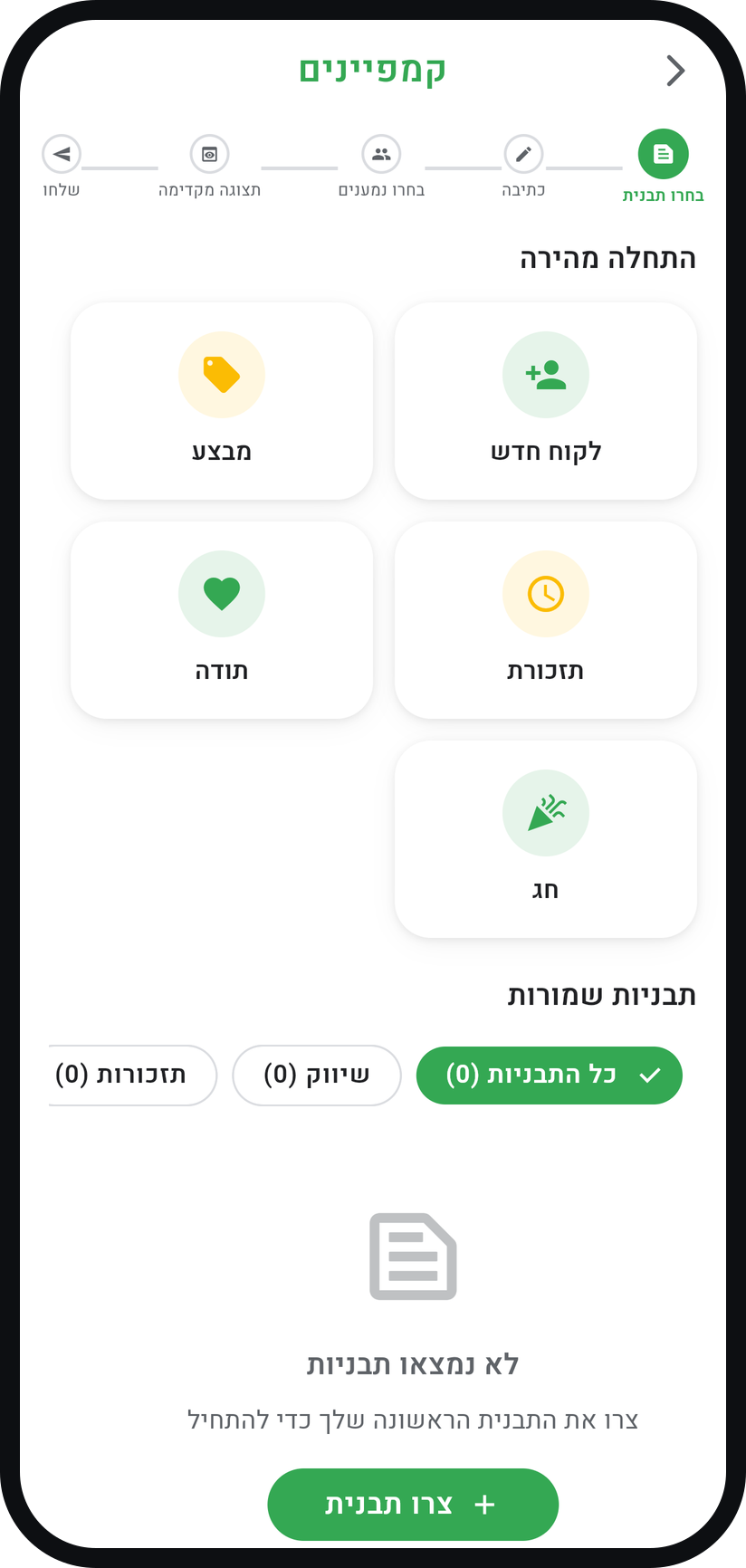 איך שולחים הודעה לכל הלקוחות - בחרו תבנית או התחילו מאפס
